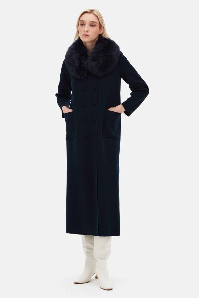 Long Double-Breasted Knit Coat with Fur Collar Black - 2