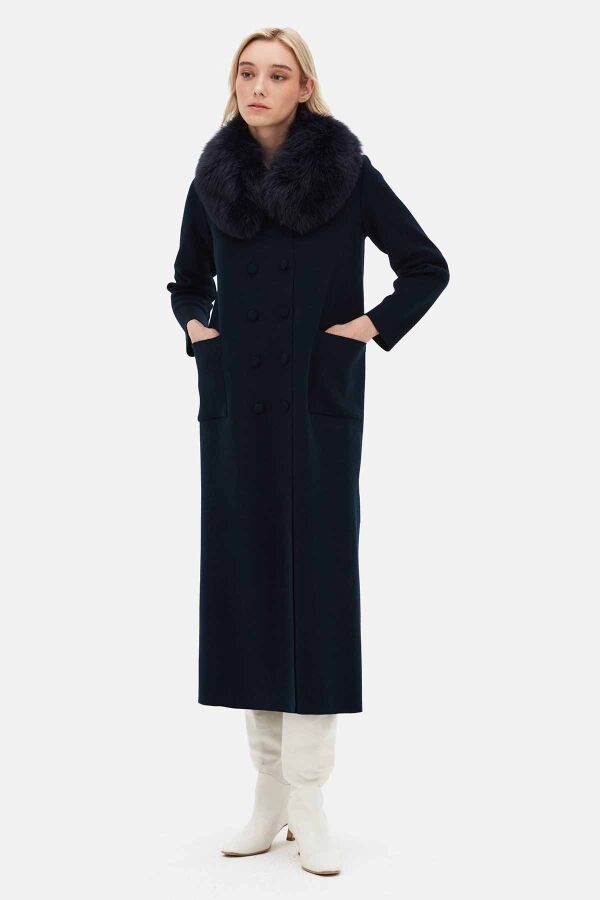 Long Double-Breasted Knit Coat with Fur Collar Black - 2