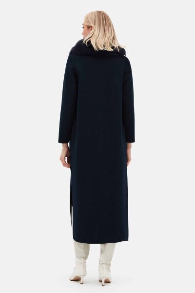Long Double-Breasted Knit Coat with Fur Collar Black - 6