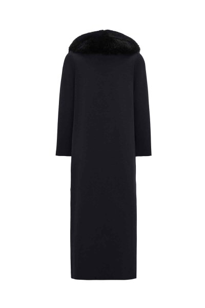 Long Double-Breasted Knit Coat with Fur Collar Dark Grey - 2