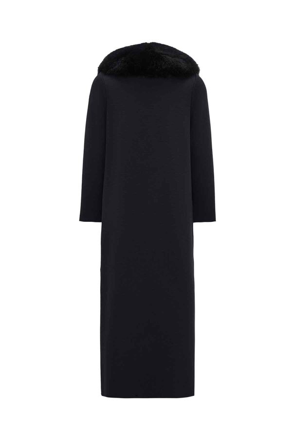 Long Double-Breasted Knit Coat with Fur Collar Dark Grey - 2