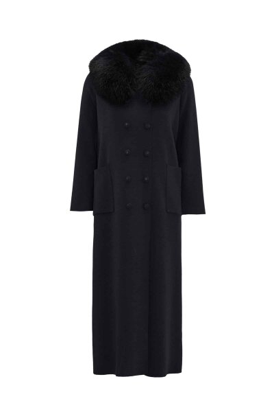 Long Double-Breasted Knit Coat with Fur Collar Dark Grey - 1