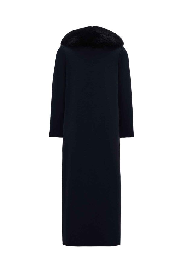 Long Double-Breasted Knit Coat with Fur Collar Navy - 2