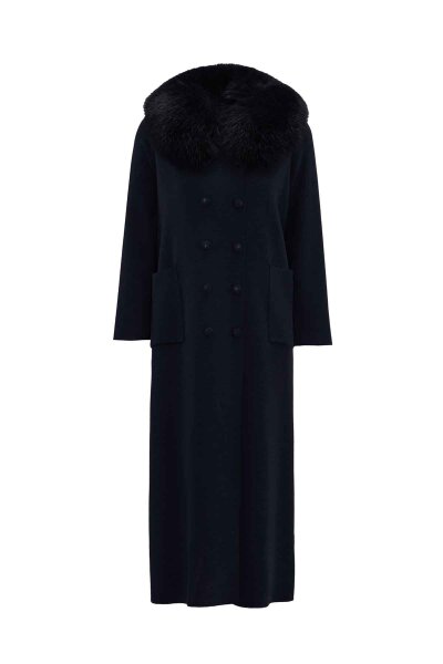 Long Double-Breasted Knit Coat with Fur Collar Navy 