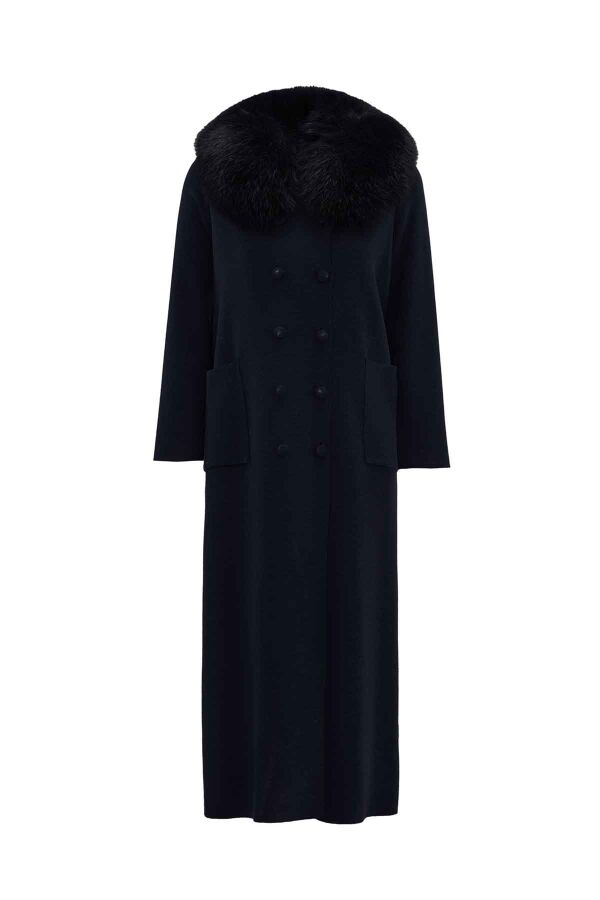 Long Double Breasted Knitwear Jacket with Fur Collar - 1