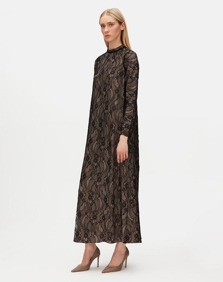 Long Sleeve Lined Lace Dress - 4