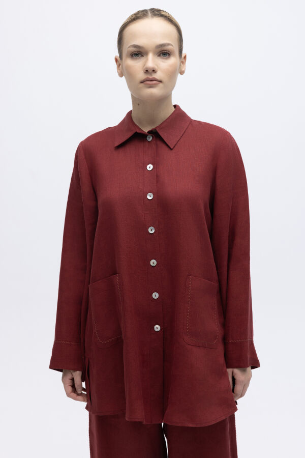 Minimal Nakışlı Cepli Keten Gömlek Cherry - 1