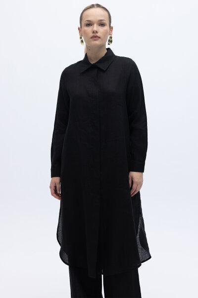 Minimal Nakışlı Uzun Keten Gömlek Siyah - 1