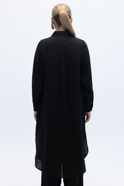 Minimal Nakışlı Uzun Keten Gömlek Siyah - 2