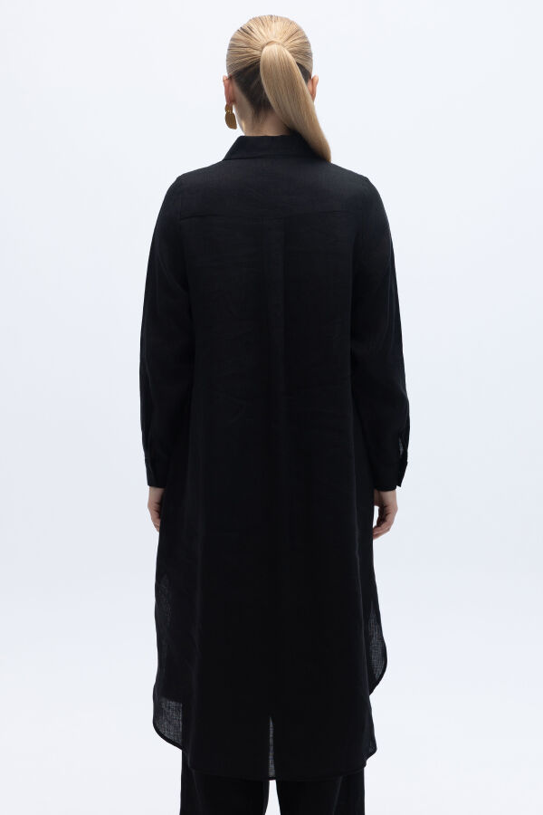 Minimal Nakışlı Uzun Keten Gömlek Siyah - 2