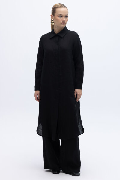 Minimal Nakışlı Uzun Keten Gömlek Siyah - 4