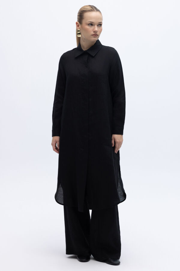 Minimal Nakışlı Uzun Keten Gömlek Siyah - 4