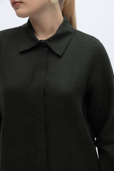 Minimal Nakışlı Uzun Keten Gömlek Siyah - 3