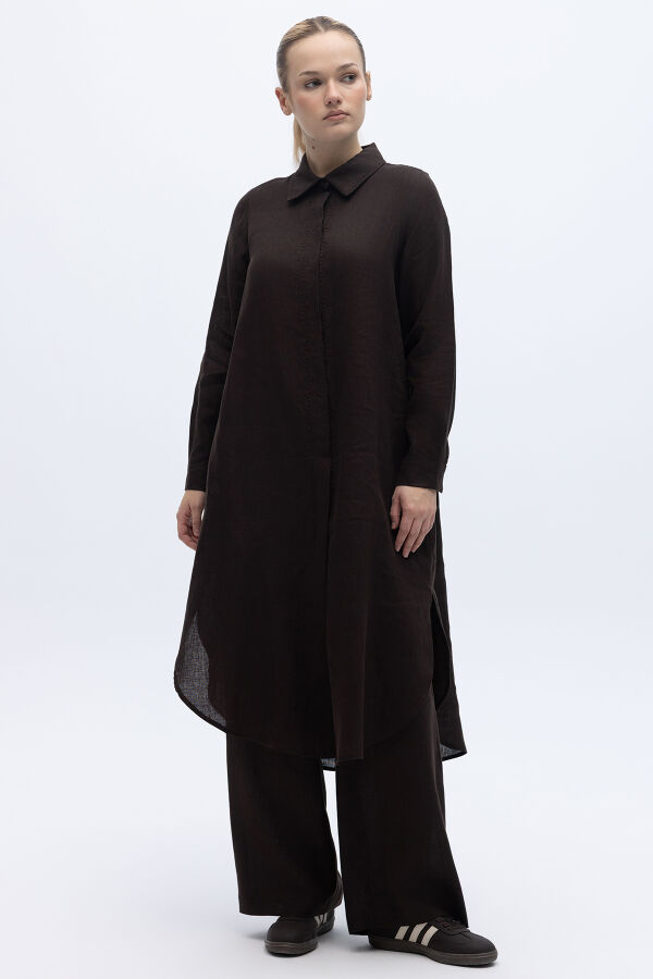 Minimal Nakışlı Uzun Keten Gömlek Kahverengi - 1