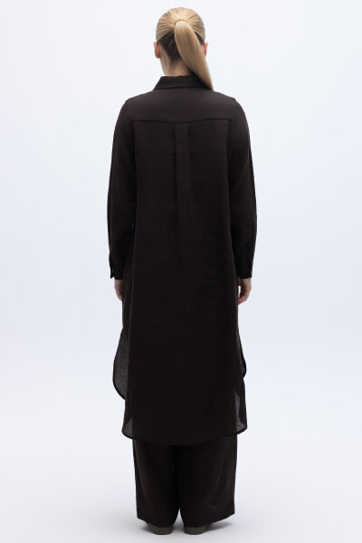 Minimal Nakışlı Uzun Keten Gömlek Kahverengi - 3