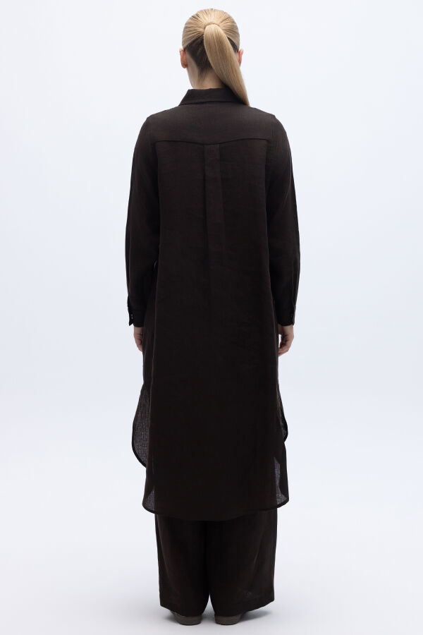 Minimal Nakışlı Uzun Keten Gömlek Kahverengi - 3