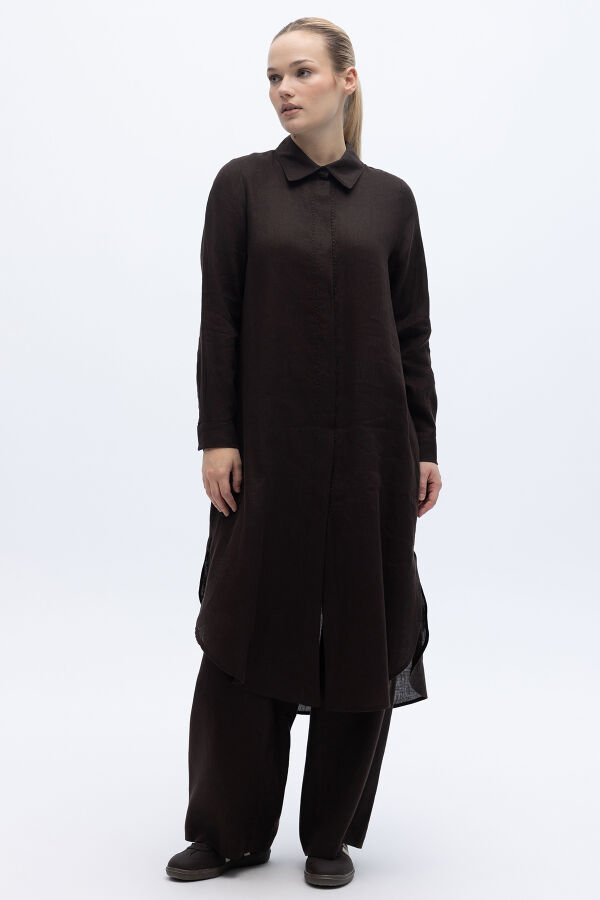 Minimal Nakışlı Uzun Keten Gömlek Kahverengi - 4