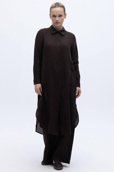 Minimal Nakışlı Uzun Keten Gömlek Kahverengi - 5