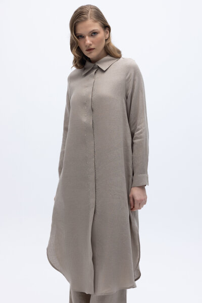 Minimal Nakışlı Uzun Keten Gömlek Stone 