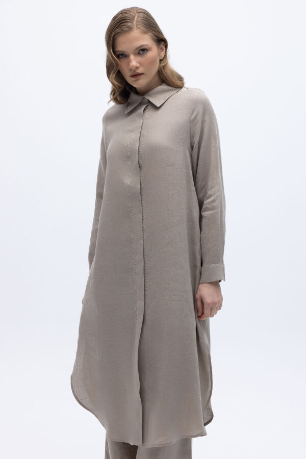 Minimal Nakışlı Uzun Keten Gömlek Stone - 1