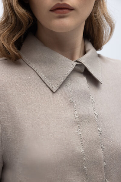 Minimal Nakışlı Uzun Keten Gömlek Stone - MISS DALIDA (1)