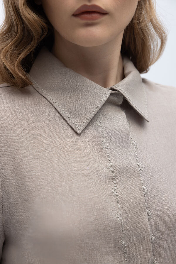 Minimal Nakışlı Uzun Keten Gömlek Stone - 2