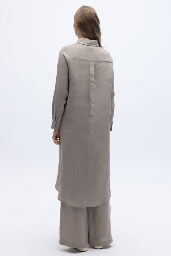 Minimal Nakışlı Uzun Keten Gömlek Stone - 3