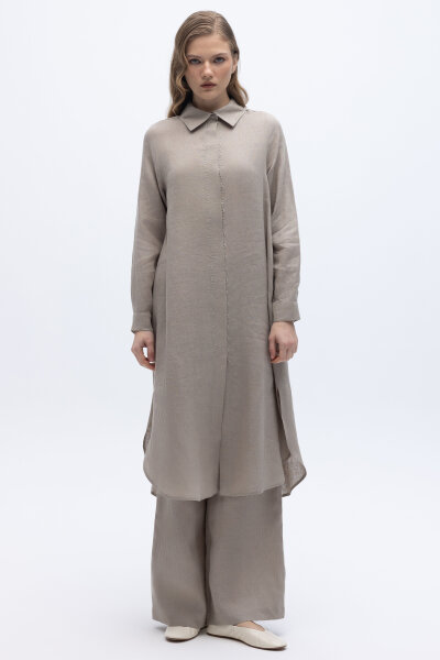 Minimal Nakışlı Uzun Keten Gömlek Stone - 4