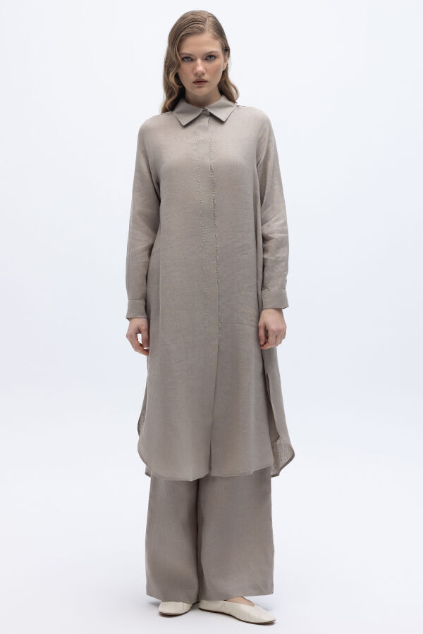 Minimal Nakışlı Uzun Keten Gömlek Stone - 4