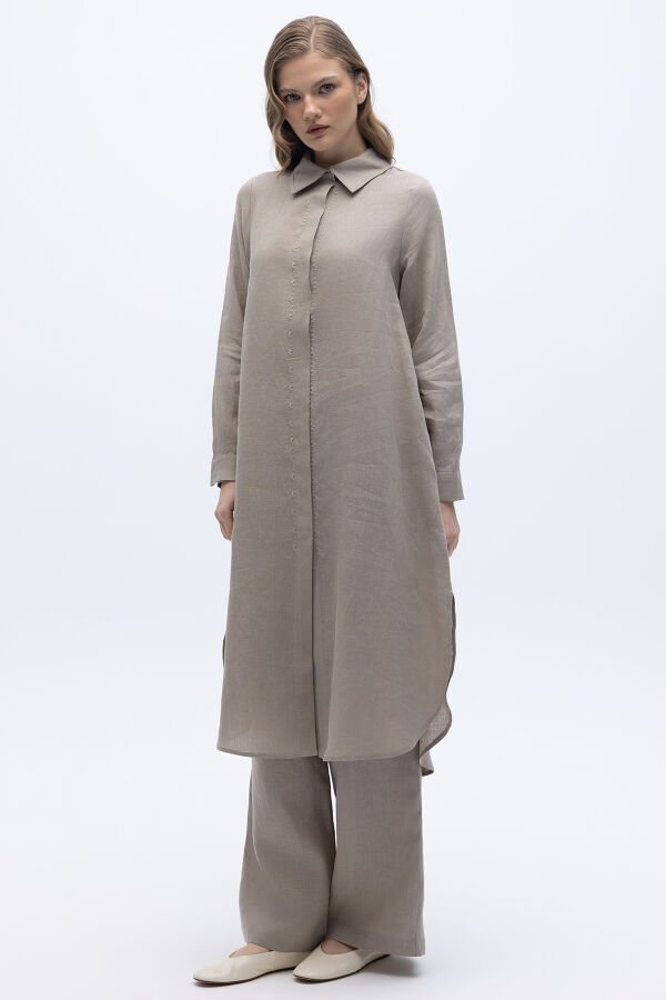 Minimal Nakışlı Uzun Keten Gömlek Stone - 5