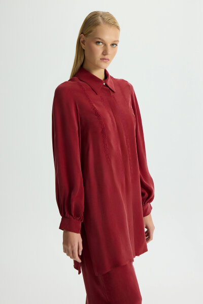 Nakış Detaylı Cupro Gömlek Cherry - MISS DALIDA
