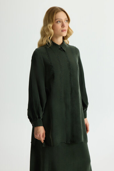 Nakış Detaylı Cupro Gömlek Haki - MISS DALIDA