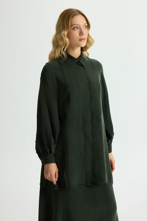 Nakış Detaylı Cupro Gömlek Haki - 1