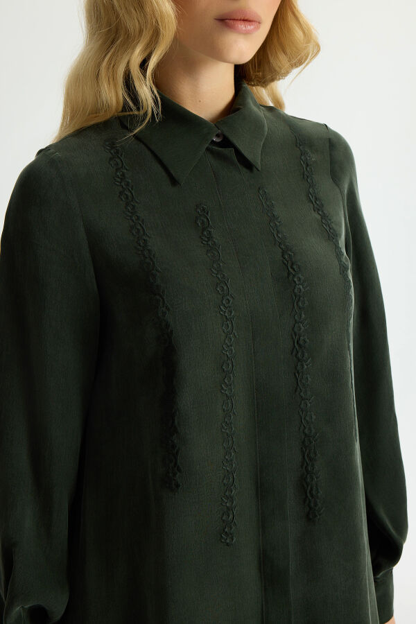 Nakış Detaylı Cupro Gömlek Haki - 3