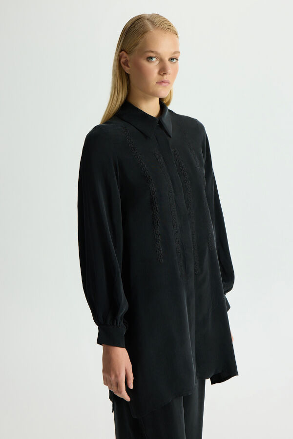 Nakış Detaylı Cupro Gömlek Siyah - 1