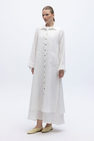Nakış Detaylı Düğmeli Uzun Kap Ekru - 1
