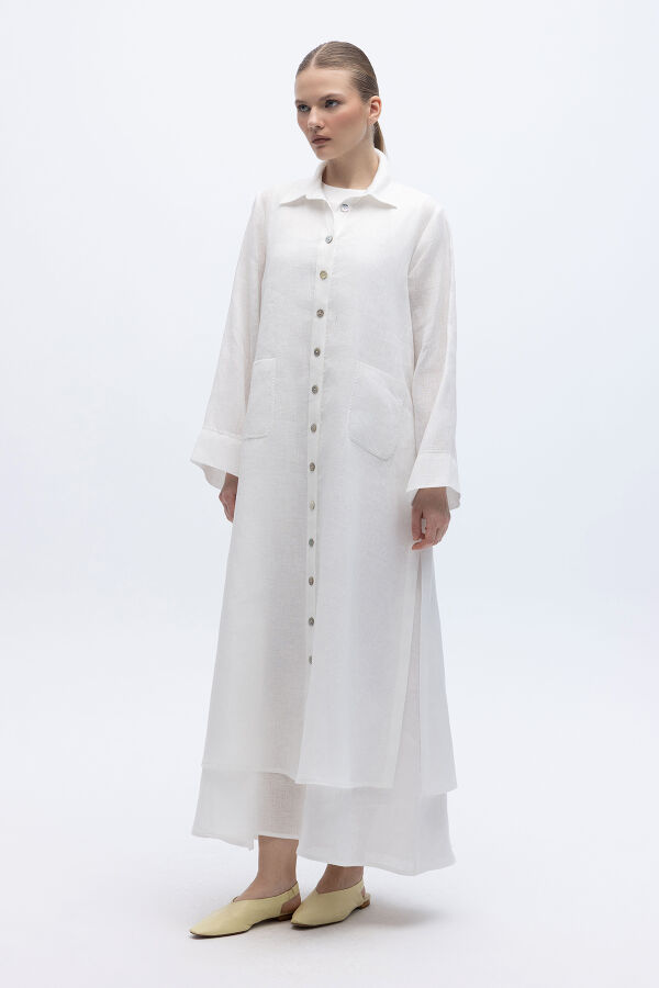 Nakış Detaylı Düğmeli Uzun Kap Ekru - 1