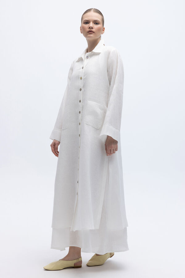 Nakış Detaylı Düğmeli Uzun Kap Ekru - 2