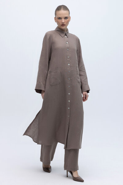 Nakış Detaylı Düğmeli Uzun Kap Mink - 1