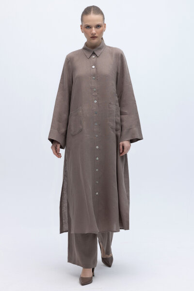 Nakış Detaylı Düğmeli Uzun Kap Mink - 6