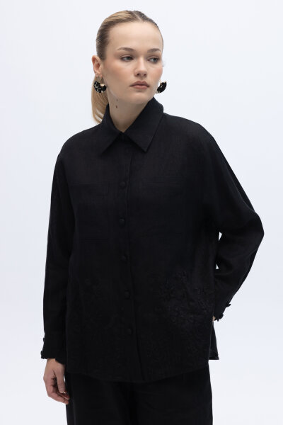 Nakış İşlemeli Keten Gömlek Siyah 