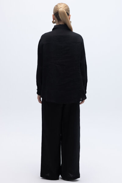 Nakış İşlemeli Keten Gömlek Siyah - 3