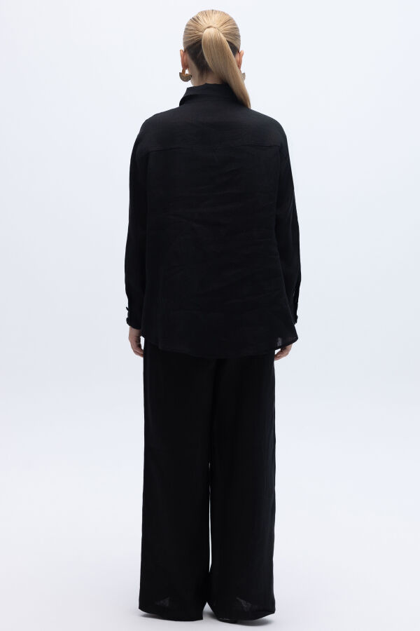 Nakış İşlemeli Keten Gömlek Siyah - 3