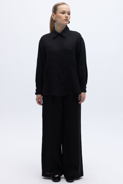 Nakış İşlemeli Keten Gömlek Siyah - 4