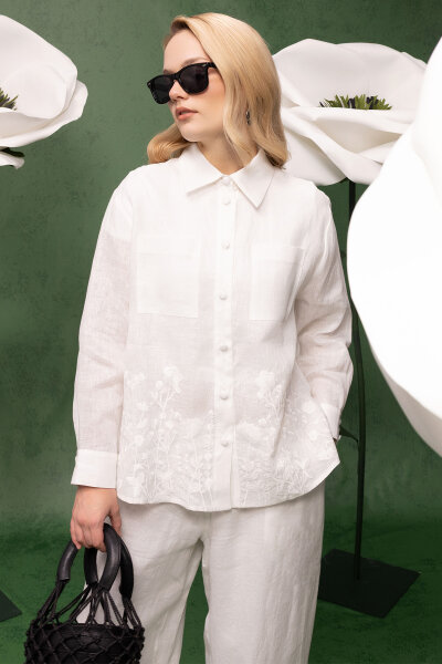 Nakış İşlemeli Keten Gömlek Ekru - 1