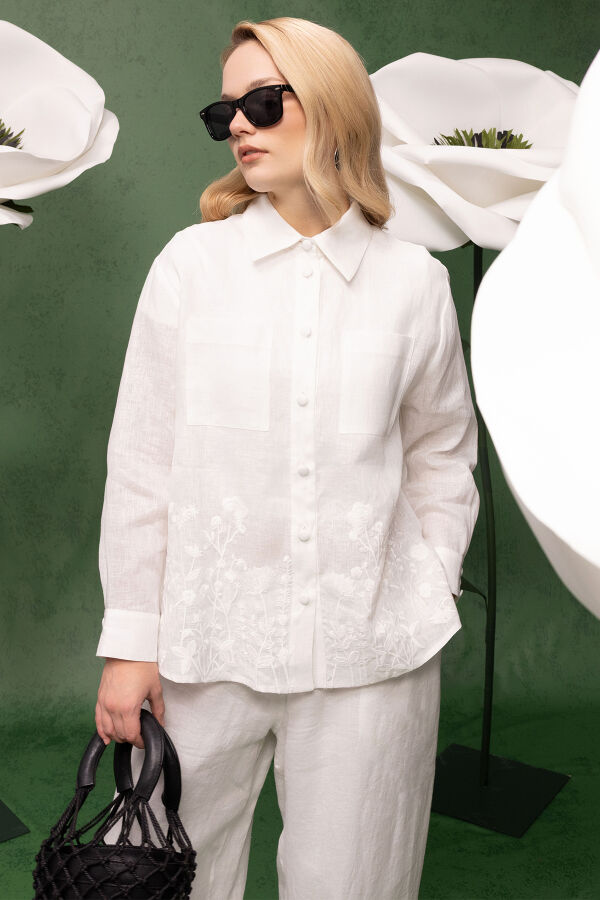 Nakış İşlemeli Keten Gömlek Ekru - 1