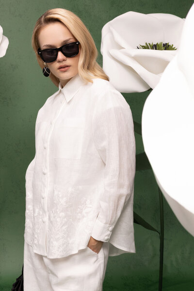 Nakış İşlemeli Keten Gömlek Ekru - 5