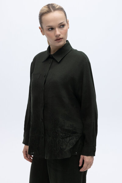 Nakış İşlemeli Keten Gömlek Haki - 2