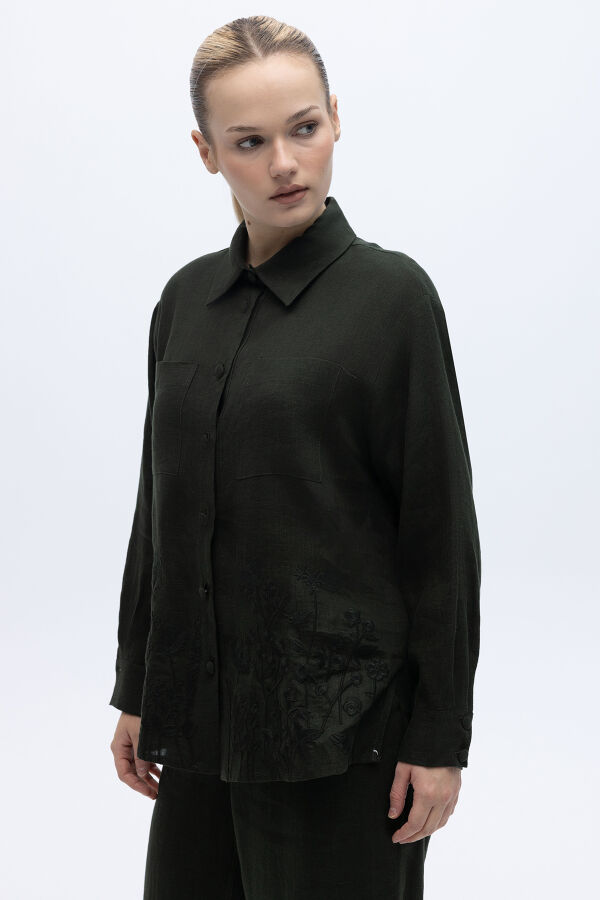 Nakış İşlemeli Keten Gömlek Haki - 2