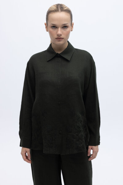 Nakış İşlemeli Keten Gömlek Haki 